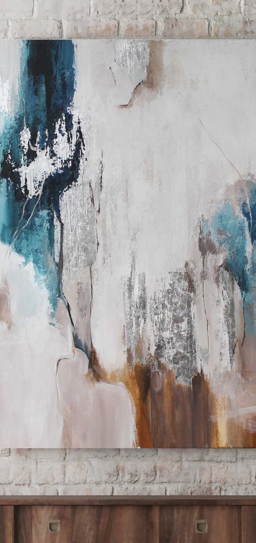 "Silver Flow" Navy silver abstract wall art by Yana Sagan