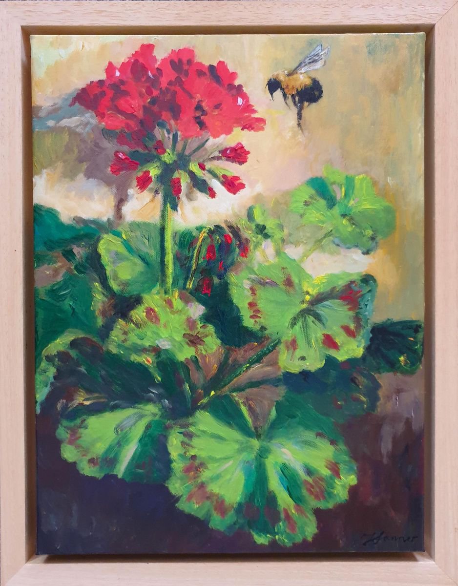 Red Geranium & Bumble Bee by Teresa Tanner