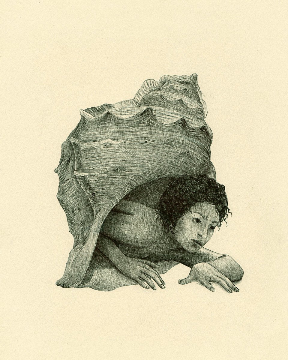 Surrealistic Portrait Ink Drawing By Andromachi Giannopoulou, 8 X 10, Is It Safe To Leave My Shell?, Original Artwork