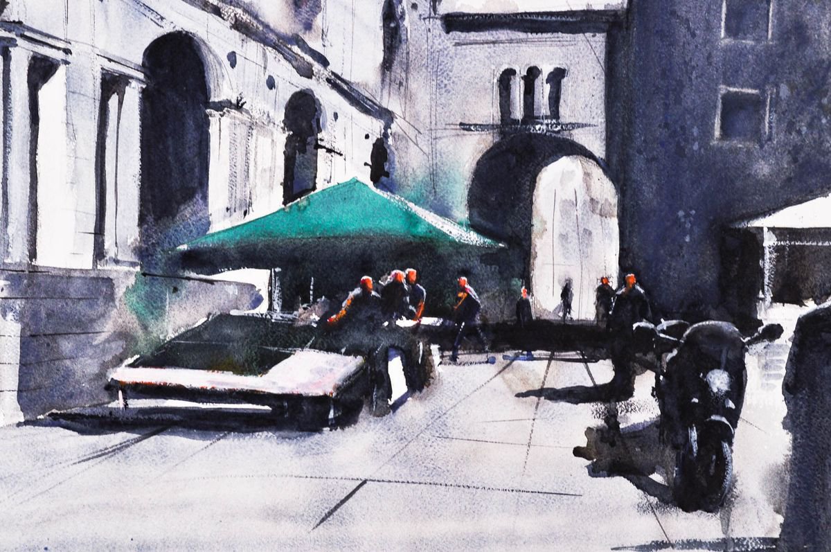 Impressionistic Cityscapes Watercolour By Flavio Furlan, 30 X 21, Vicenza Piazza Delle Erbe Ii, Original Artwork