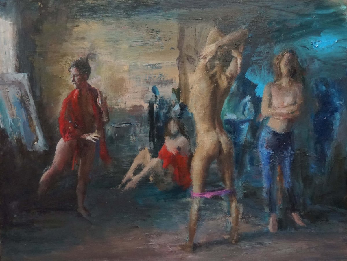 Expressive Portrait Oil Painting By Manuel Leonardi, 20 X 16", Painter And Her Models, Original Artwork