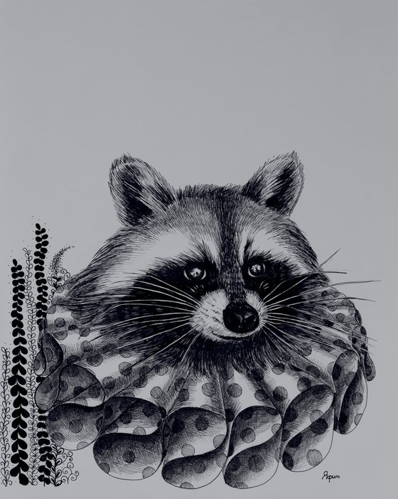 Black and white pen drawing, cute racoon in renaissance clothes.