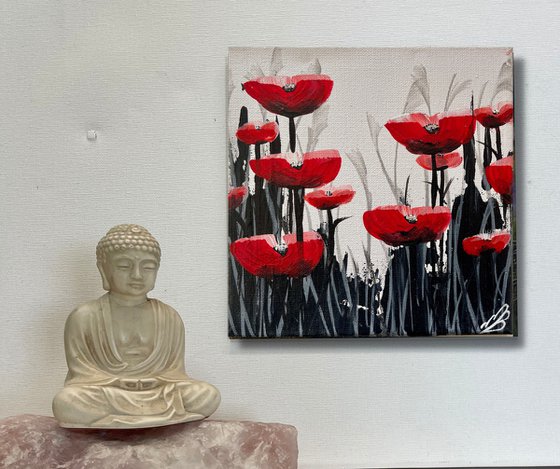 Abstract Red Poppies against a White Sky