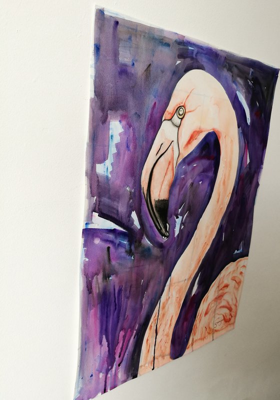 Flamingo. On paper. 42cm x 59.4cm. Free Shipping.