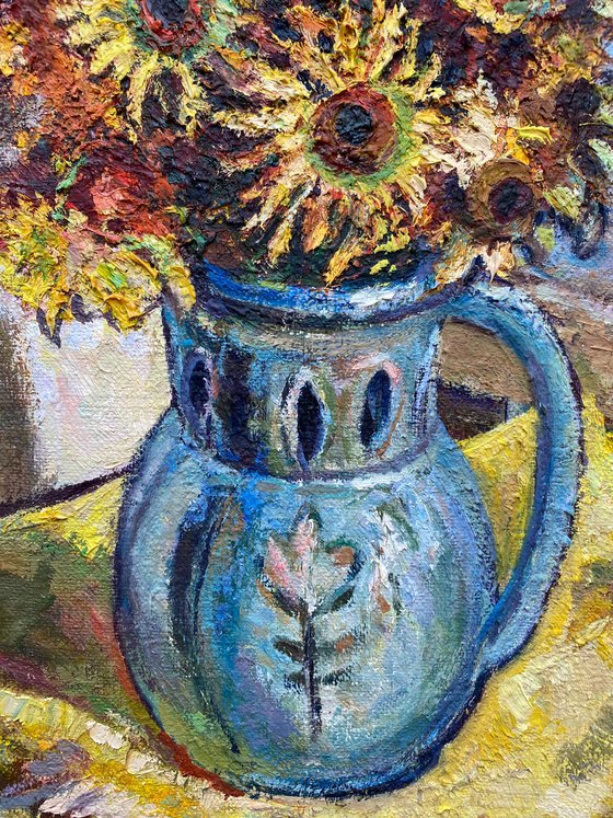 Still Life with Yellow Flowers in a Blue Maiolica Ceramic Vase