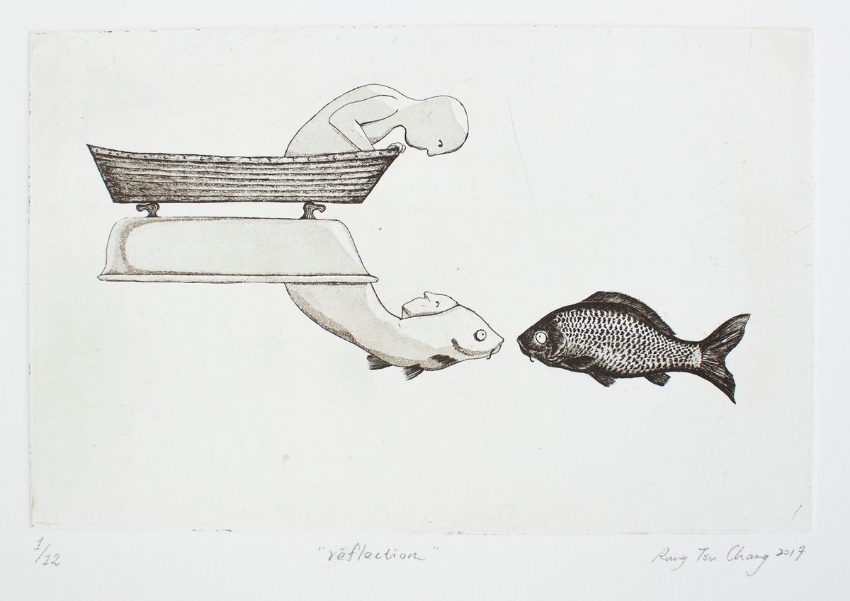 Portrait Etchings & Engravings By Rung Tsu Chang, 12 X 16", Reflection, Original Artwork