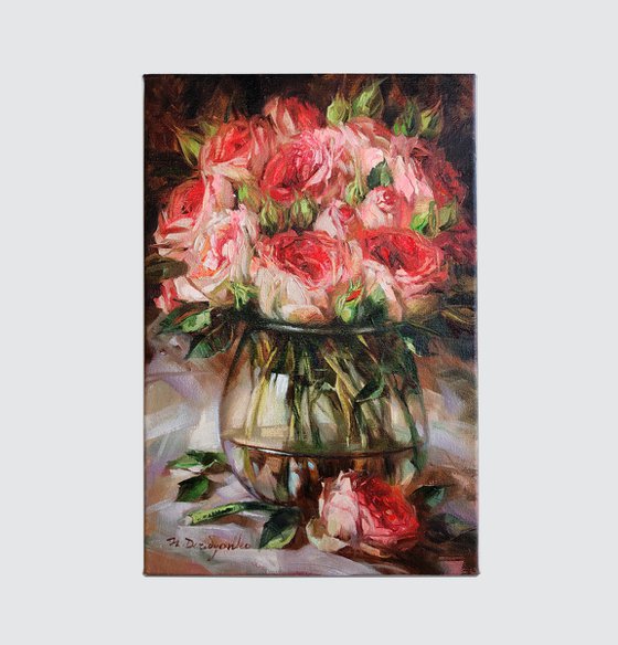 Roses flowers oil painting original canvas art, Floral painting red rose artwork impressionist, Birthday gift for women