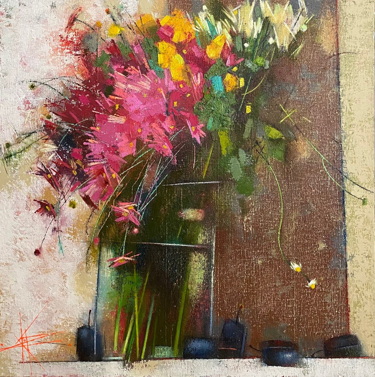 Impressionistic Botanical Oil Painting By Oksana Kornienko, 28 X 28", Chrysanthemum Season, Original Artwork