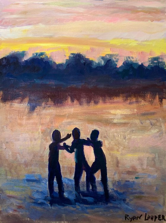 Children Playing At Sunset