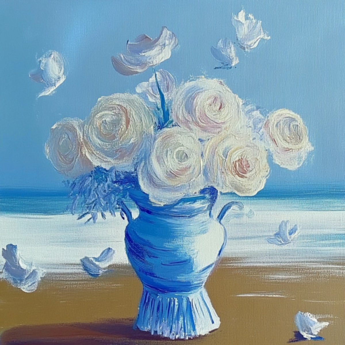 Impressionistic Botanical Print By Elena Avanesova, 31 X 31, Blue Roses On The Beach, Original Artwork