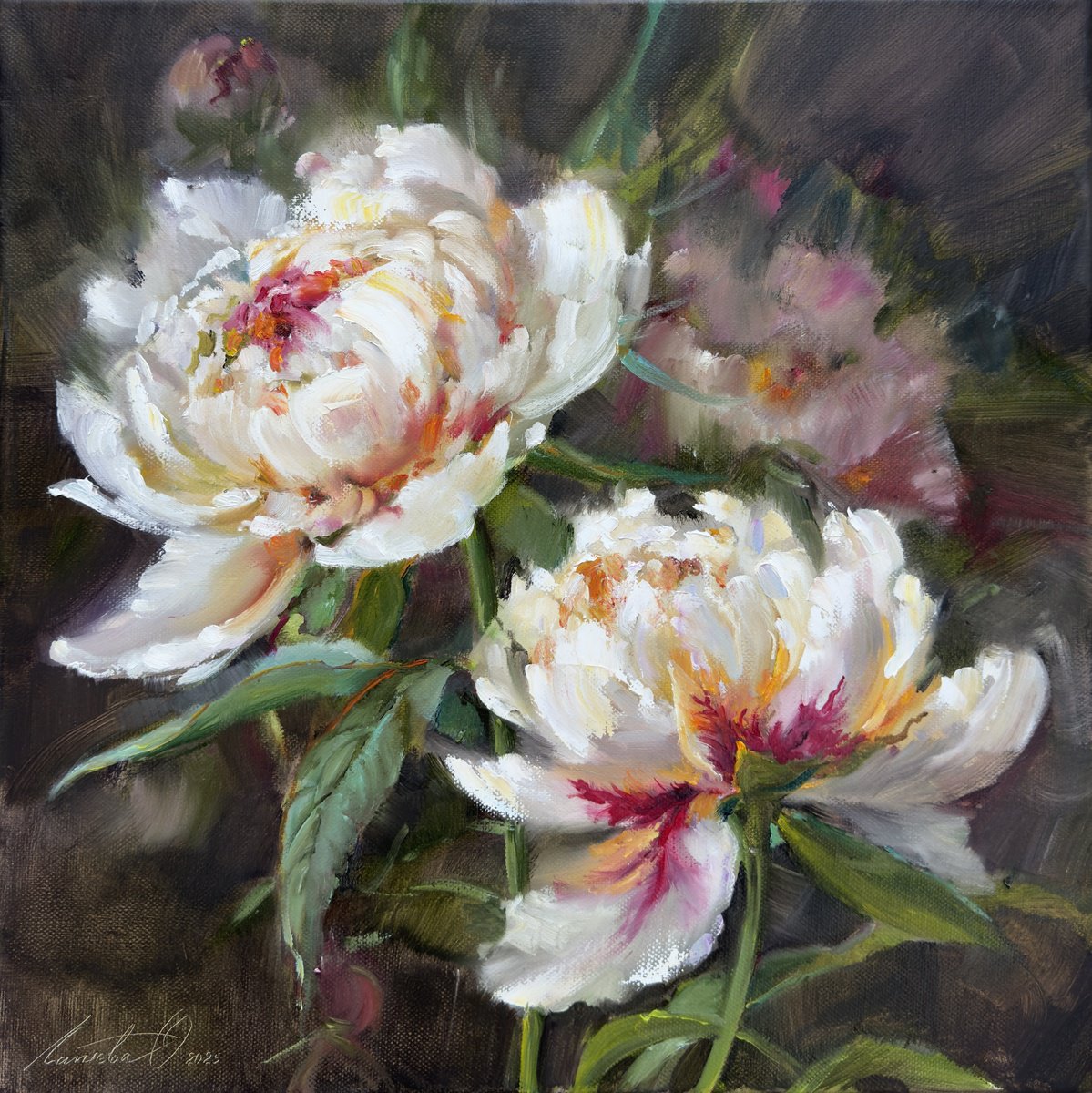 Impressionistic Botanical Oil Painting By Olha Laptieva, 16 X 16", White Peonies, Original Artwork