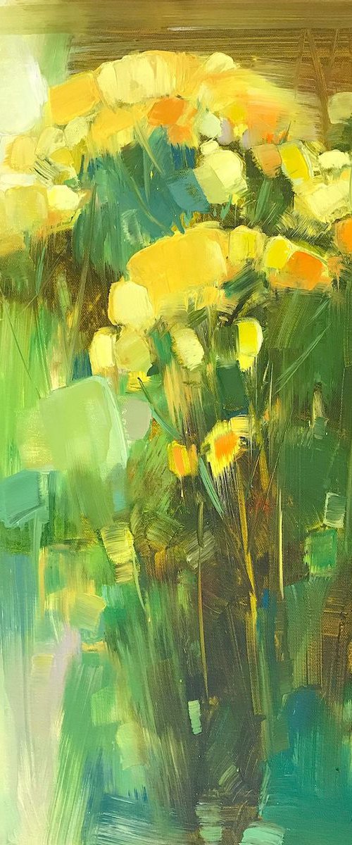 Yellow Flowers, Oil painting, One of a kind, Handmade artwork by Vahe Yeremyan