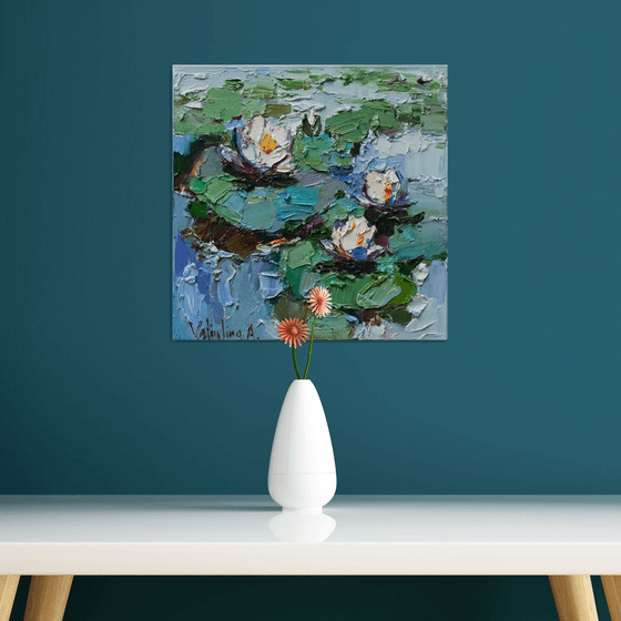 White Water Lilies - Pond flowers  Impasto Original Oil painting