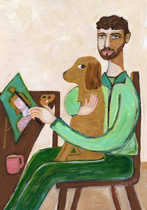 The painter, artist with dog