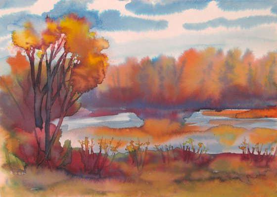 Bright autumn - watercolor landscape