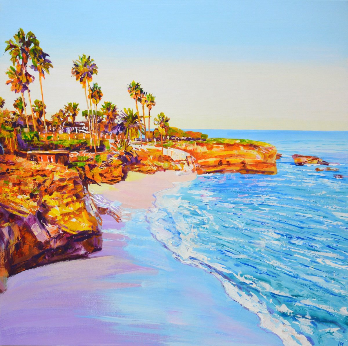 Impressionistic Landscape Acrylic Painting By Iryna Kastsova, 39 X 39, San Diego Beach (California), Original Artwork