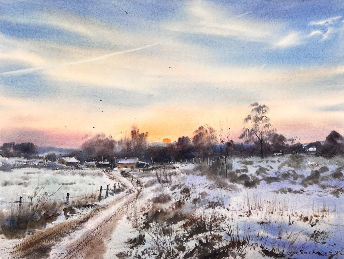 Impressionistic Watercolour , First Snow #3 By Eugenia Gorbacheva, 16 X 12, Artwork For Sale On Artfinder