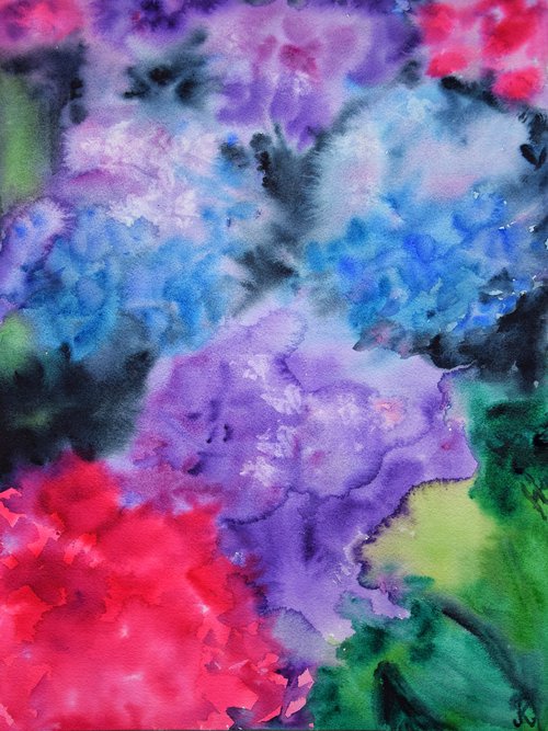 Hydrangea flowers painting, purple hortensia original watercolor art, summer floral wall art by Kate Grishakova