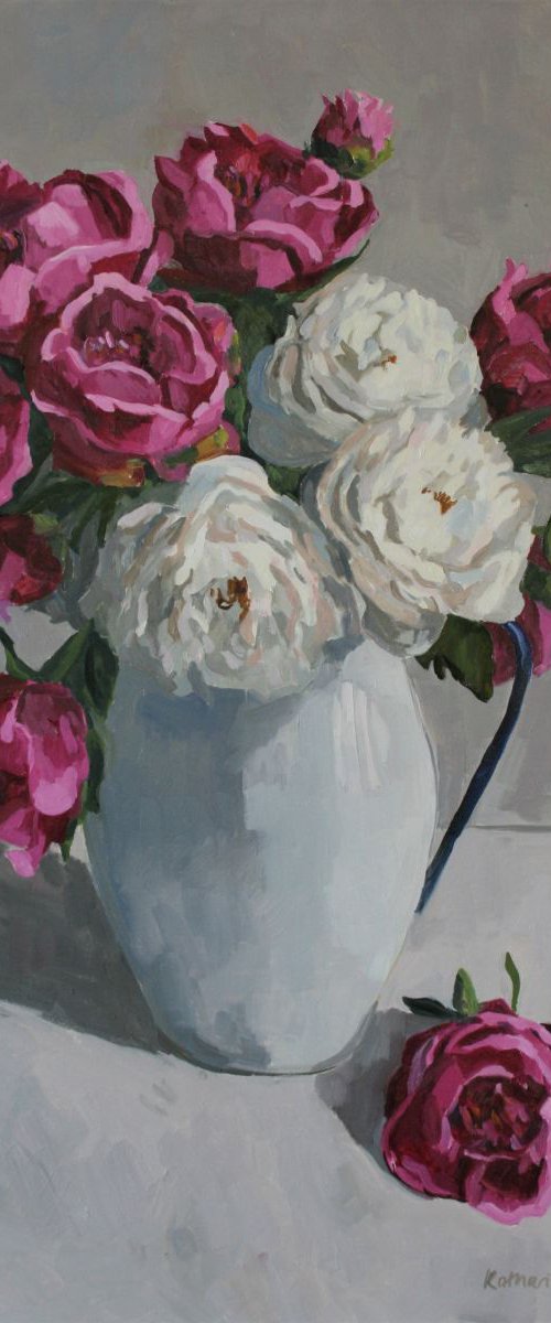 Peonies in enamel jug by Katharine Rowe