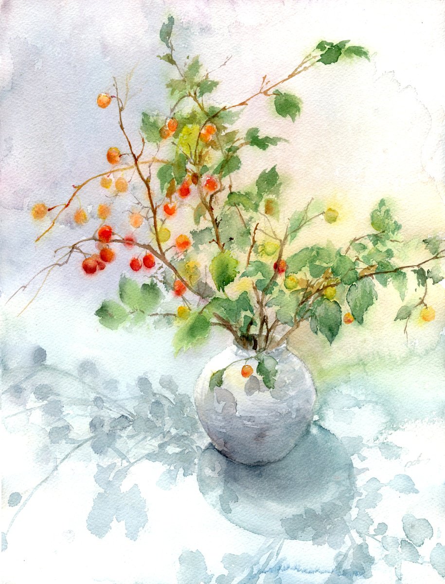Impressionistic Botanical Watercolour By Cecilia Xiao, 13 X 17, Wild Berries, Original Artwork