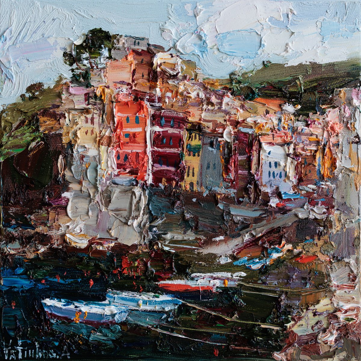 Impressionistic Landscape Oil Painting By Anastasiia Valiulina, 10 X 10, Riomaggiore, Cinque Terre, Original Artwork