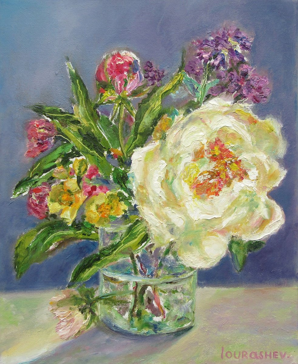 Impressionistic Botanical Oil Painting By Katia Ricci, 8 X 10", Rose In A Glass, Original Artwork
