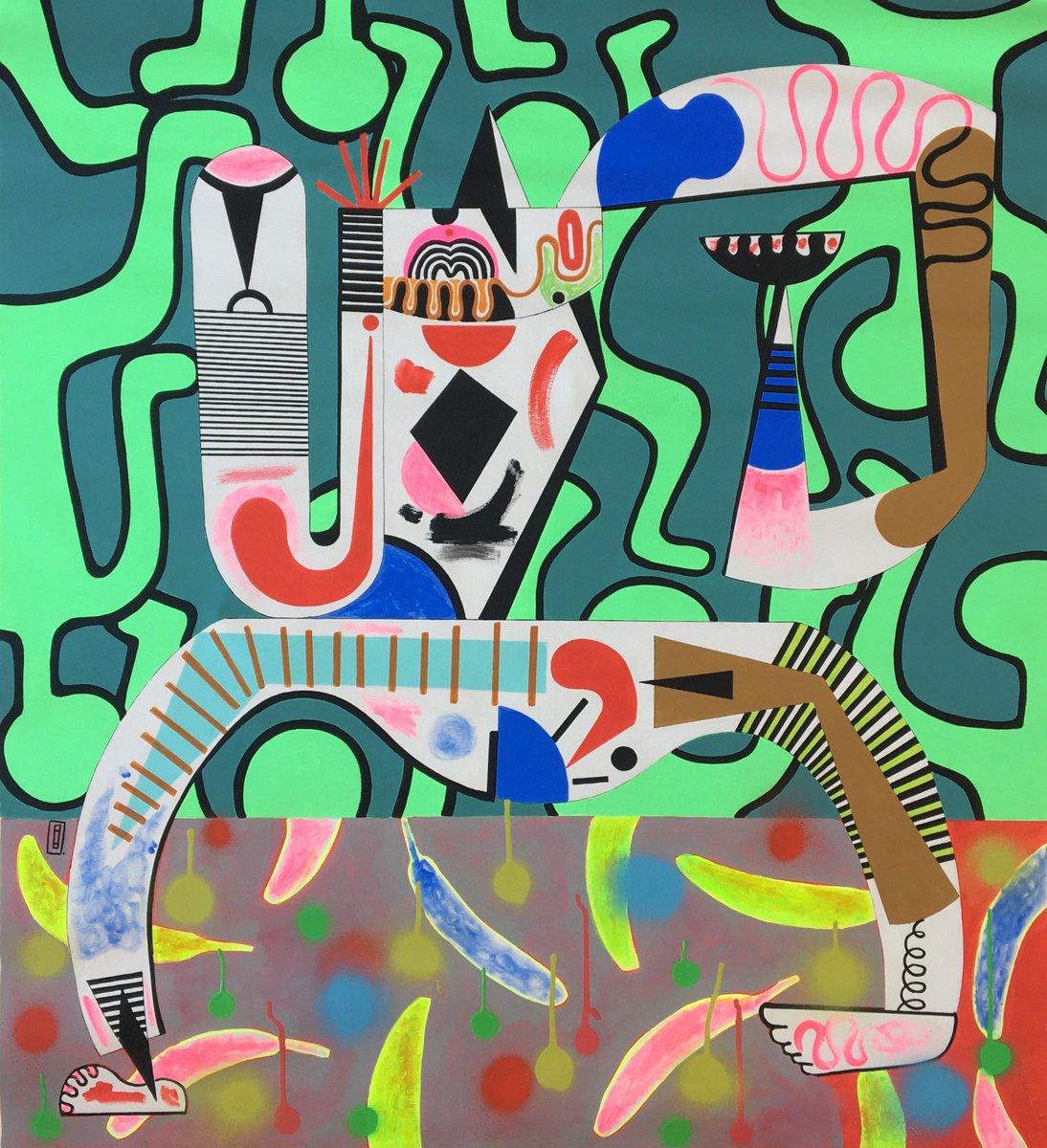 Expressive Abstract Acrylic Painting By Frantisek Florian, 35 X 39, Kampala Bananas, Original Artwork