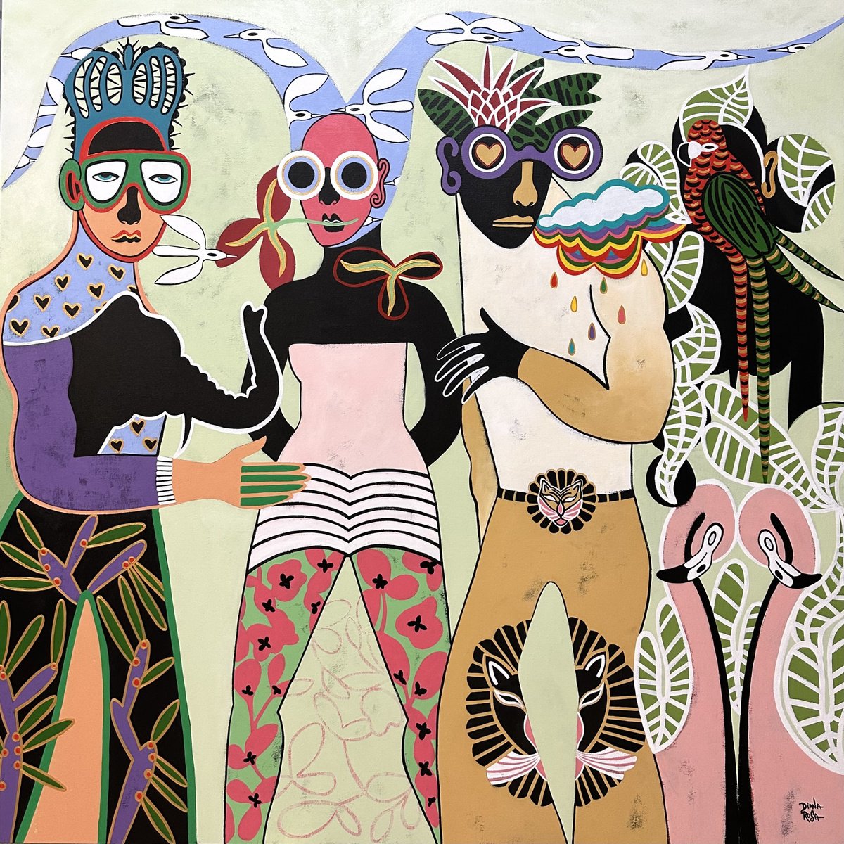 Surrealistic Portrait Acrylic Painting By Diana Rosa, 48 X 48, Jungle Fashion Beats, Original Artwork