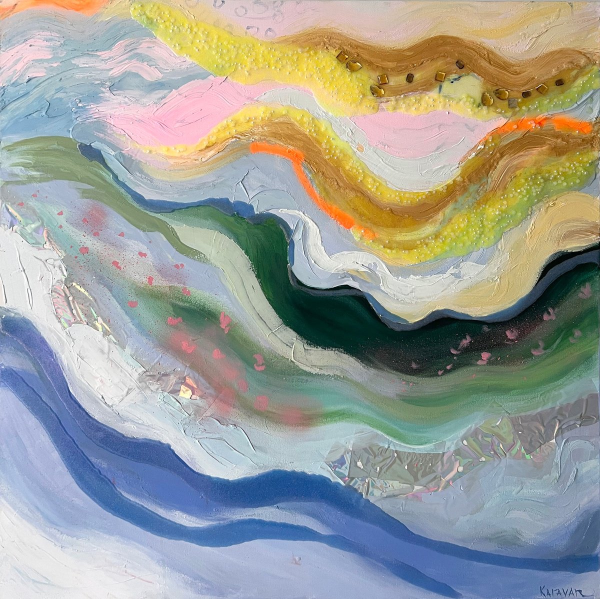 Organic Abstract Acrylic Painting By Nataliia Karavan, 36 X 36", Sugar Sky, Original Artwork