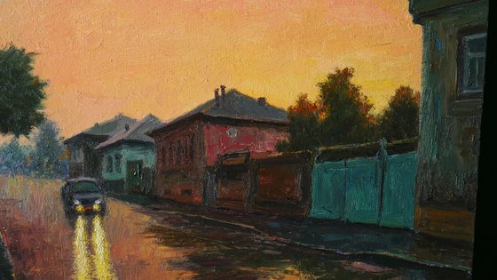 It Is Summer Warm Rain At Sunset - original oil painting