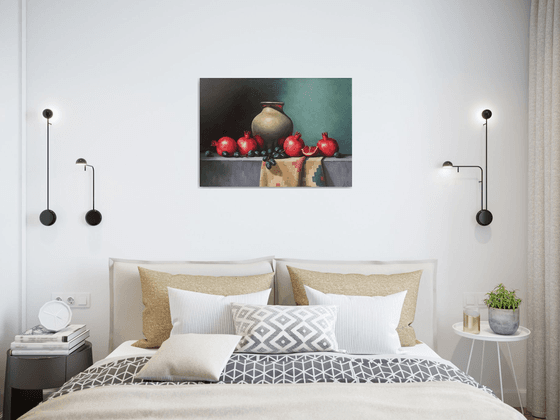 Still life with pomegranates (50x70cm, oil painting, ready to hang)