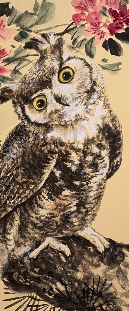 Owl, Original Gongbi Brush Painting by Fiona Sheng