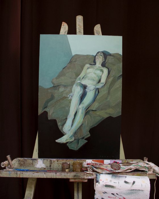 modern portrait of a nude woman in blue