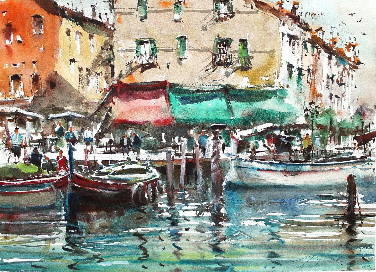 Impressionistic Landscape Watercolour By Maximo Damico, 15 X 11", Flowing Venice, Original Artwork
