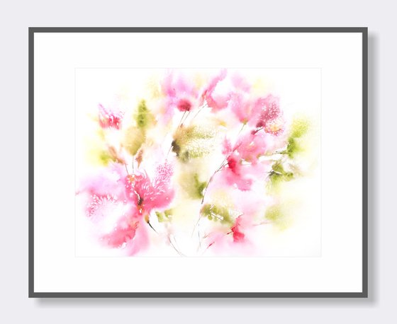 Abstract flowers, soft pink floral bouquet, watercolor