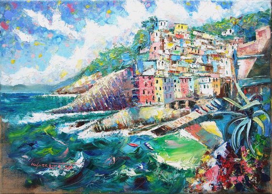 'RIOMAGGIORE ON A SUNNY DAY, ITALY' - Oil Painting on Jute Cavas