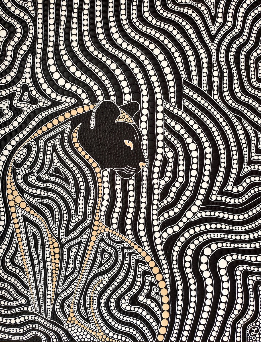 Geometric Animal Acrylic Painting By Oxana Lazari, 28 X 35", Monochrome Spirit, Original Artwork