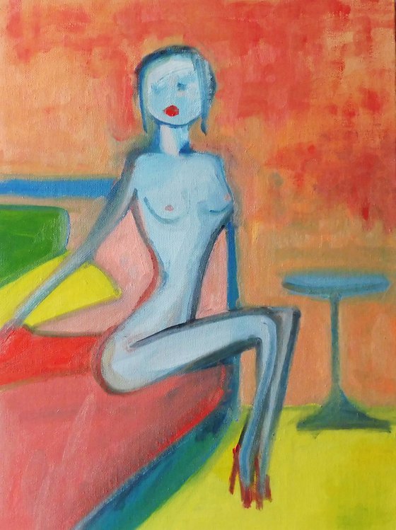 NUDE CUTE GIRL RED STILETTOES. Original Female Figurative Oil Painting. Varnished.