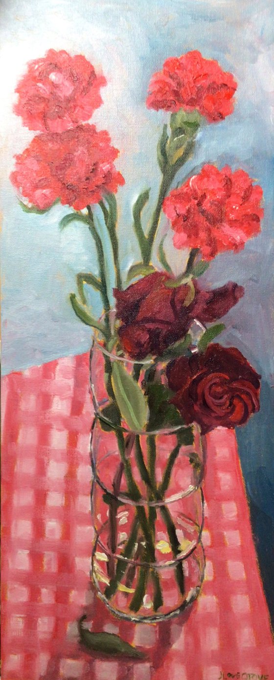 Red roses and carnations, an original oil painting.