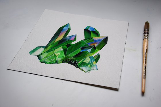Crystal Painting, Green Quartz Art, Gemstone Watercolour Painting, Mineral Wall Art