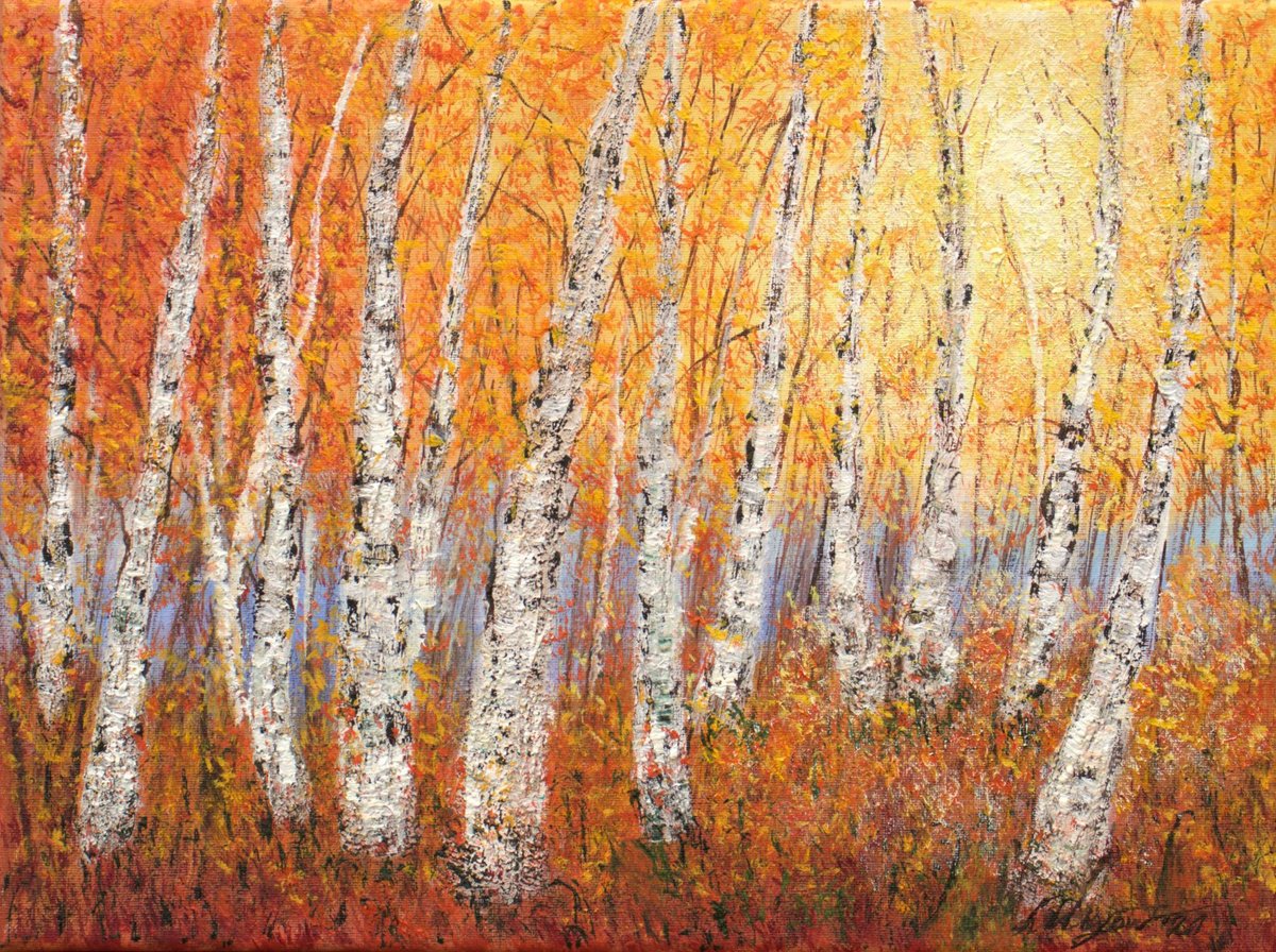 Impressionistic Landscape Oil Painting By Ludmilla Ukrow, 16 X 12", Autumnal Birch Trees 2, Original Artwork