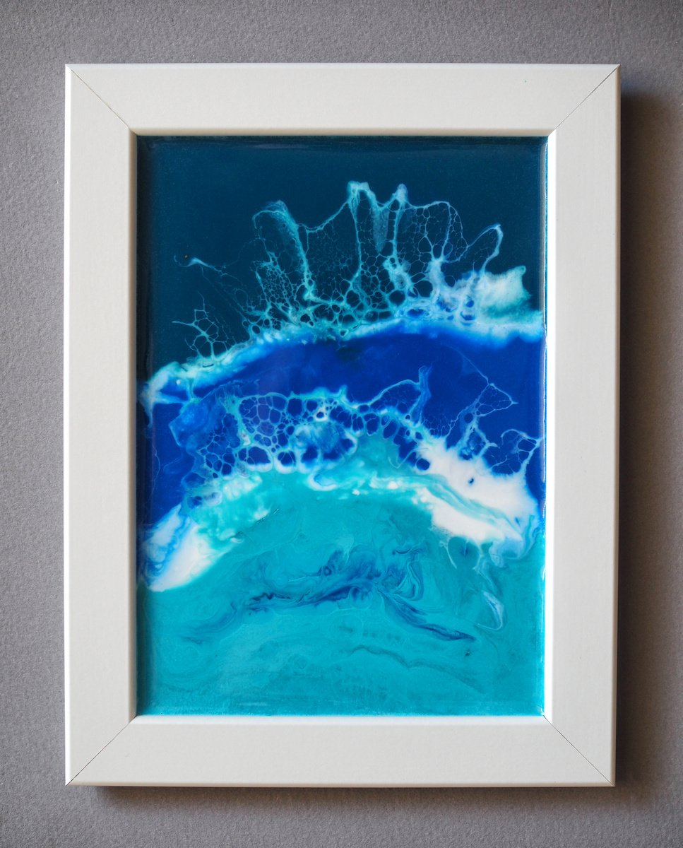 Blue wave - original seascape resin artwork, framed, ready to hang by Delnara El
