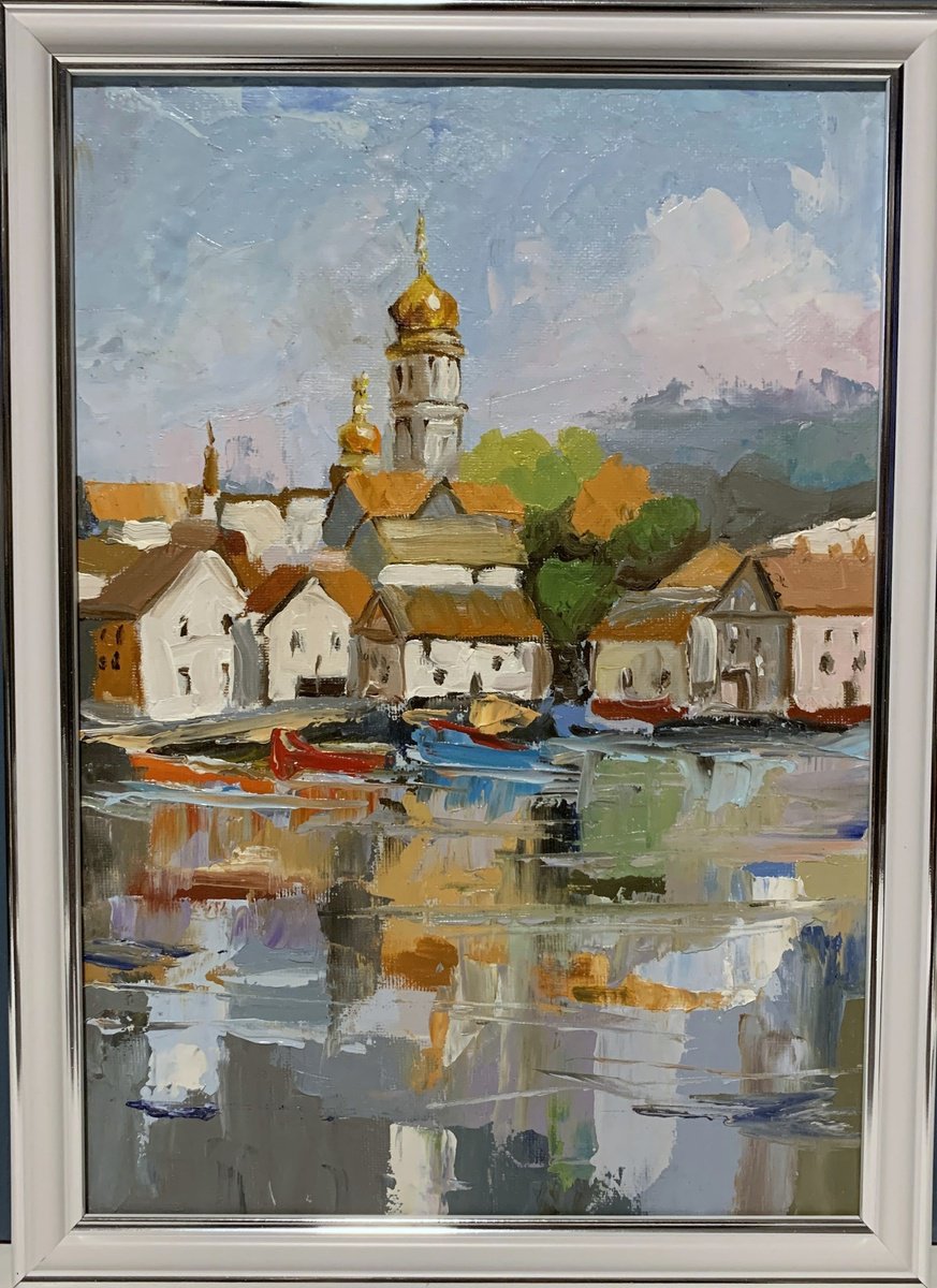 Impressionistic Landscape Oil Painting By Vita Schagen, 9 X 13", Coastal Calm In Harbor., Original Artwork