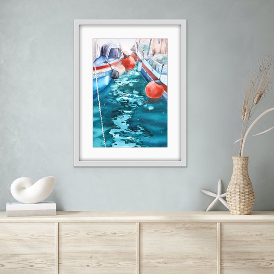 Reflections, boats and the sea. Original watercolor artwork.