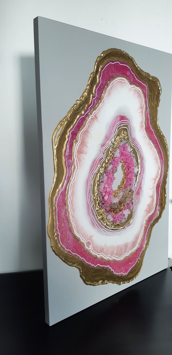 57x39cm. /Agate pink geode. Marble Art. Geode wall art, Gold, Pearl,Pink,  geode wall art Resin painting