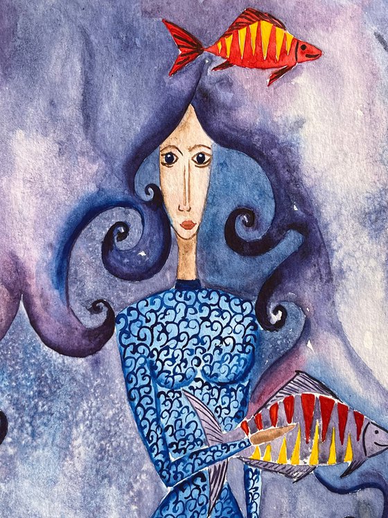 Woman Painting Fish Original Art Figurative Watercolor Artwork 12 by 17" by Halyna Kirichenko