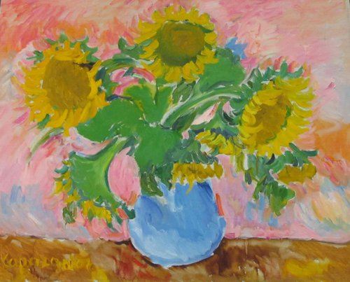Sunflowers in a Blue Jug - Still Life - Large Size - Oil Painting - Living Room Decor - Wedding Gift by Karakhan
