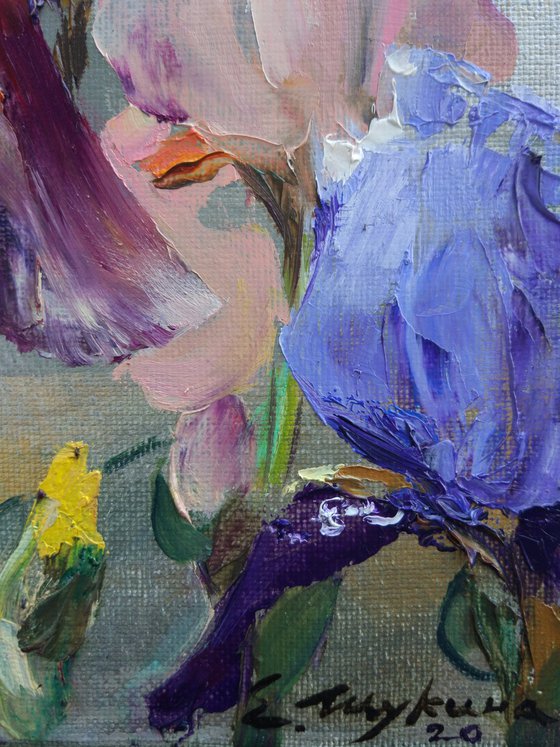 Irises and silver. Original oil painting