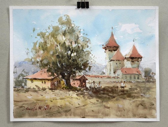 Rural Romania, watercolor art.