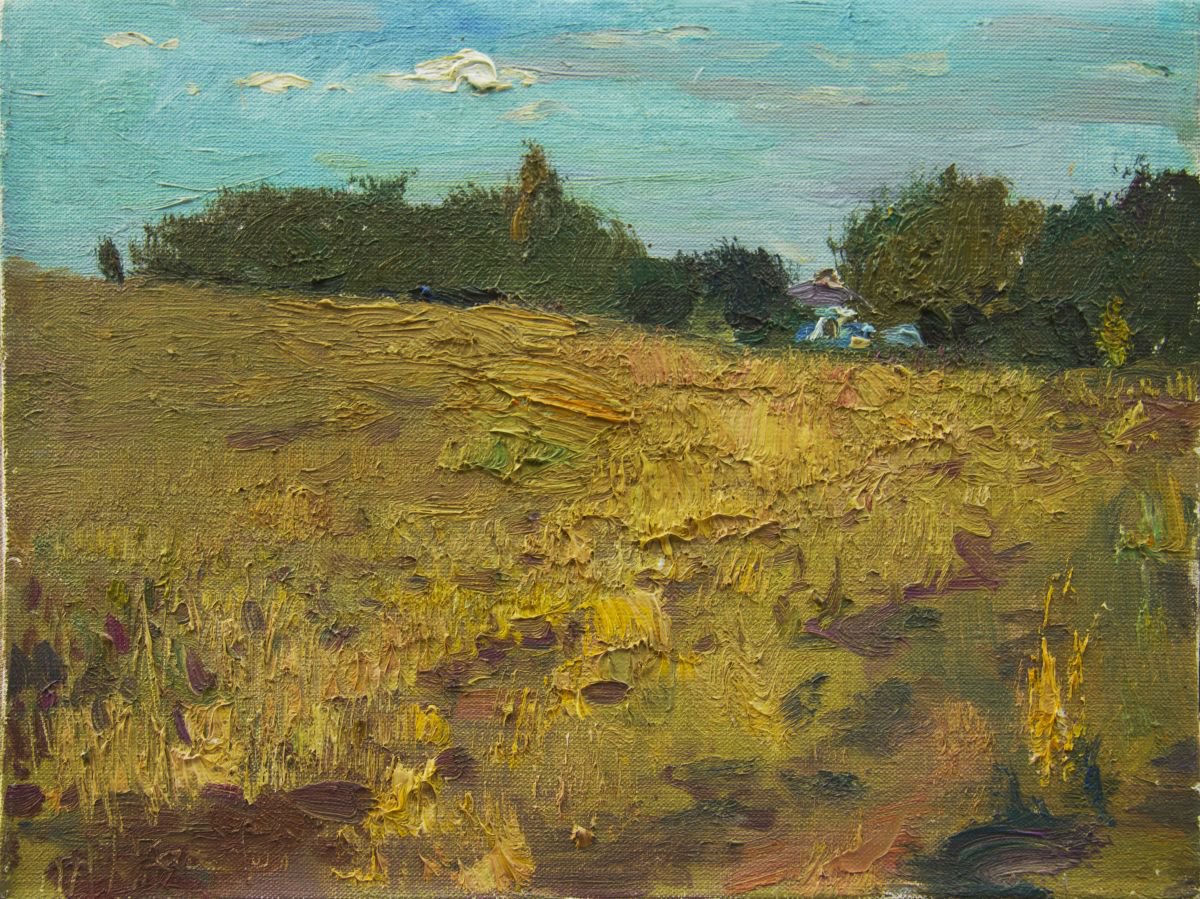 Expressive Landscape Oil Painting By Sergey Kostov, 16 X 12", Gold Landscape, Original Artwork
